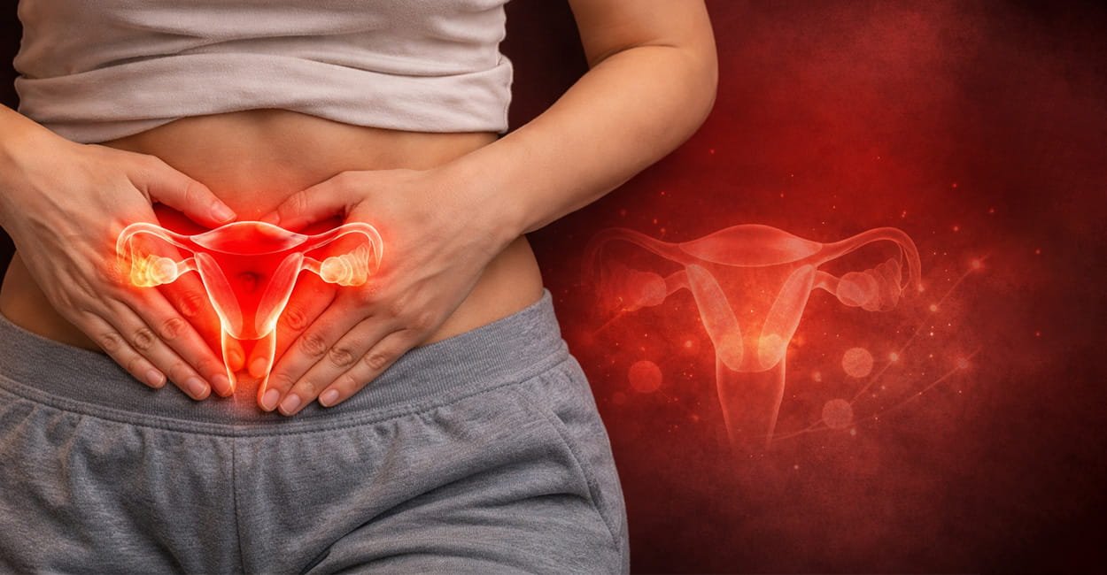 Mulher com as mãos sobre o abdômen inferior, representando dor na região do útero associada à endometriose, com ilustração destacando os órgãos reprodutivos femininos.