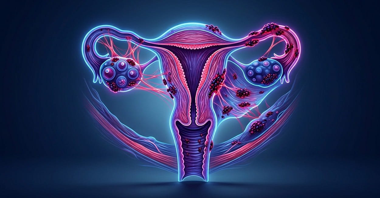 Representação digital e clean do sistema reprodutor feminino em neon, destacando focos de endometriose e aderências sobre o útero, ovários e tubas.
