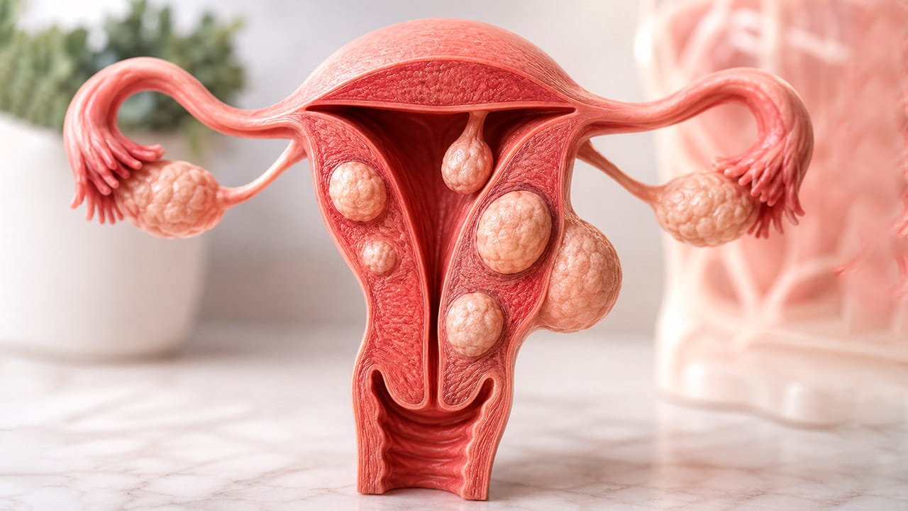 Imagem ilustrativa dos tipos de mioma uterino, mostrando a classificação dos miomas submucosos, intramurais e subserosos de acordo com sua localização na parede uterina e cavidade do útero.