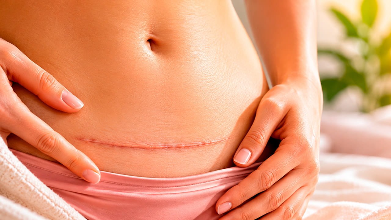 Imagem ilustrativa sobre cirurgia de mioma mostrando cicatriz abdominal discreta e comparação entre cirurgia aberta, videolaparoscopia e cirurgia robótica para tratamento de miomas uterinos.