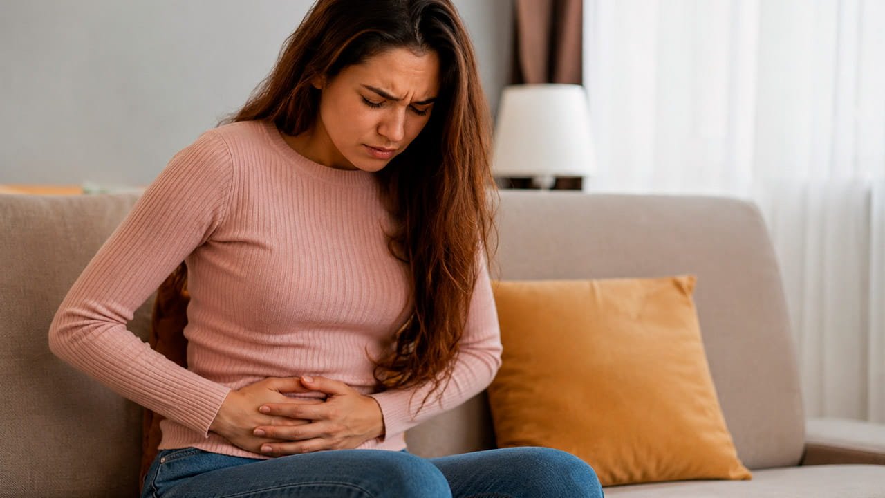 Mulher sentindo sintomas compressivos dos miomas