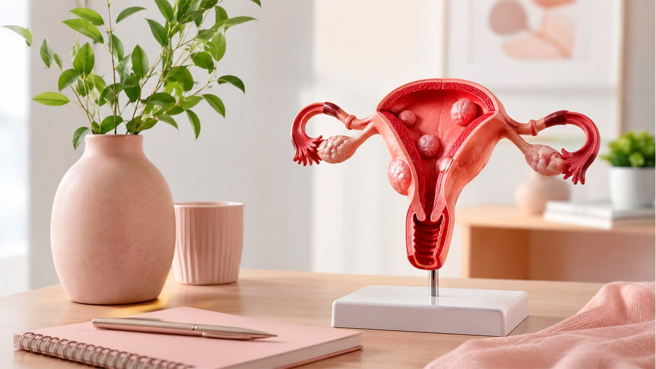 Representação 3D de um aparelho reprodutor feminino com miomas onde gera a dúvida se Mioma precisa operar.jpg