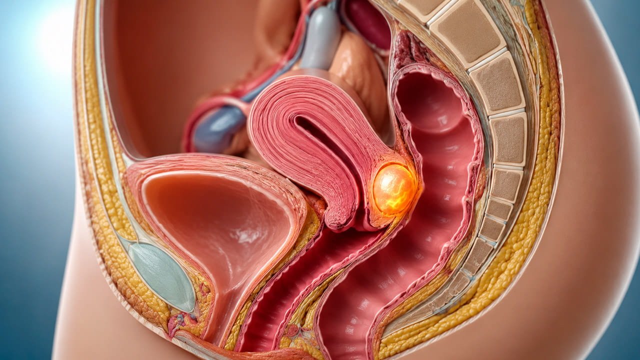 Endometriose em fundo de saco vaginal ilustrada em modelo anatômico 3D da pelve feminina mostrando a região posterior do útero e da vagina.