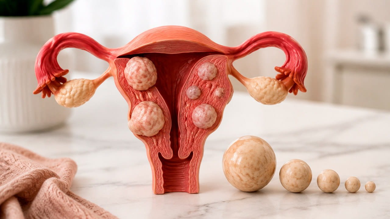 Imagem ilustrativa realista de um útero com miomas de tamanhos diferentes para o artigo sobre o que faz o mioma diminuir