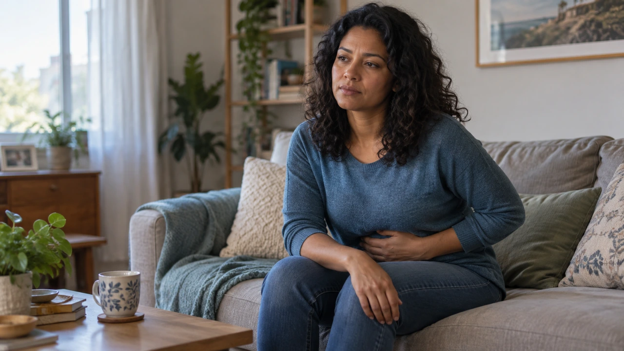 Mulher sentada no sofá com a mão no abdômen, ilustrando sintomas da endometriose no cotidiano.