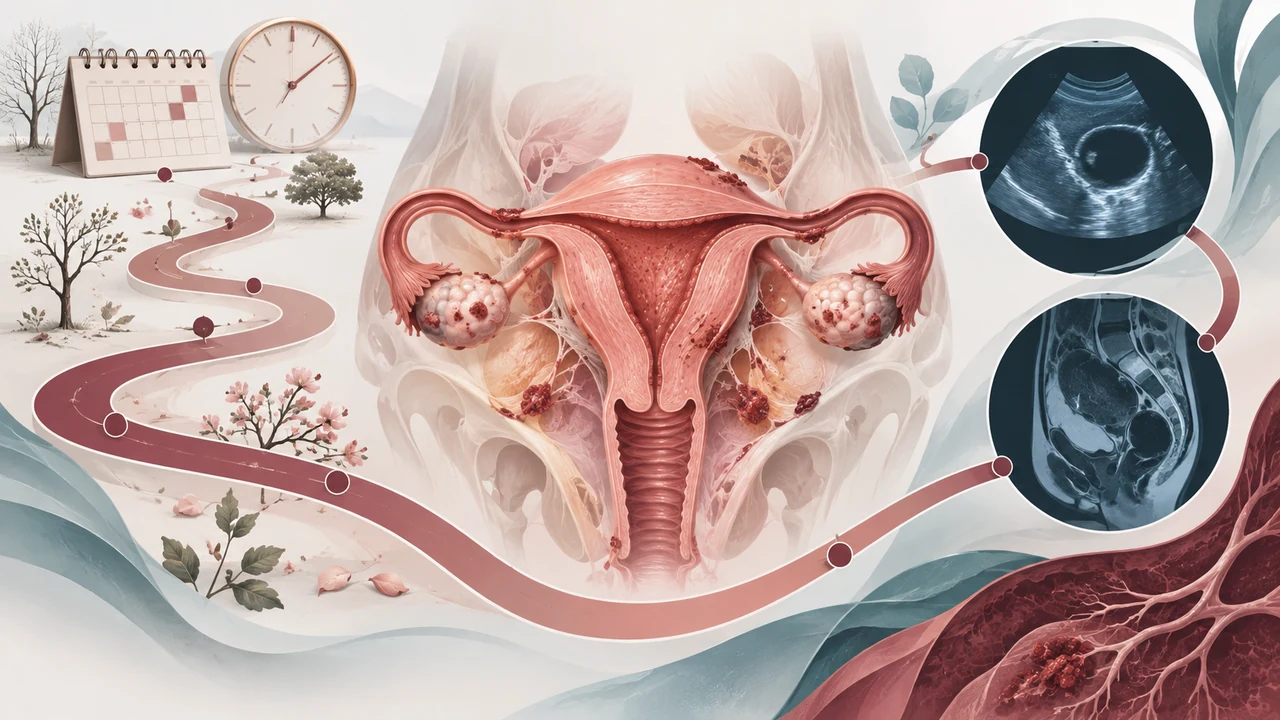 Ilustração do útero com calendário, relógio e exames representando o atraso no diagnóstico da endometriose