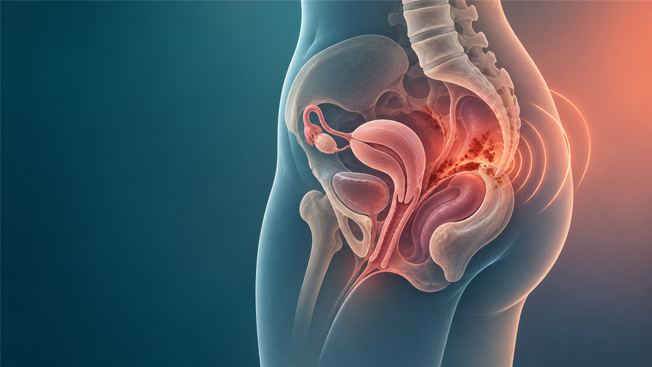 Ilustração anatômica da pelve destacando dor profunda associada à endometriose