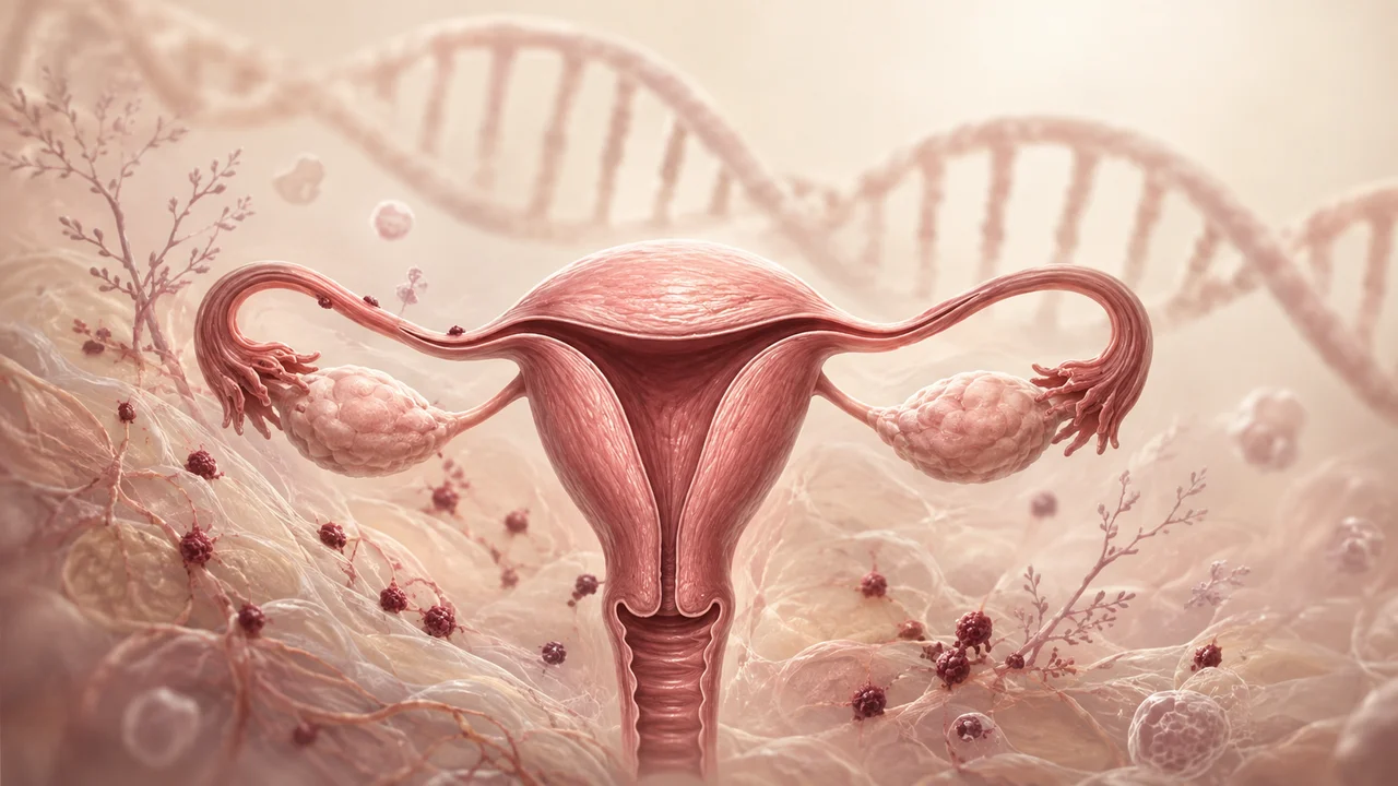 Ilustração do útero, trompas e ovários com pequenos focos externos e uma representação de DNA ao fundo.