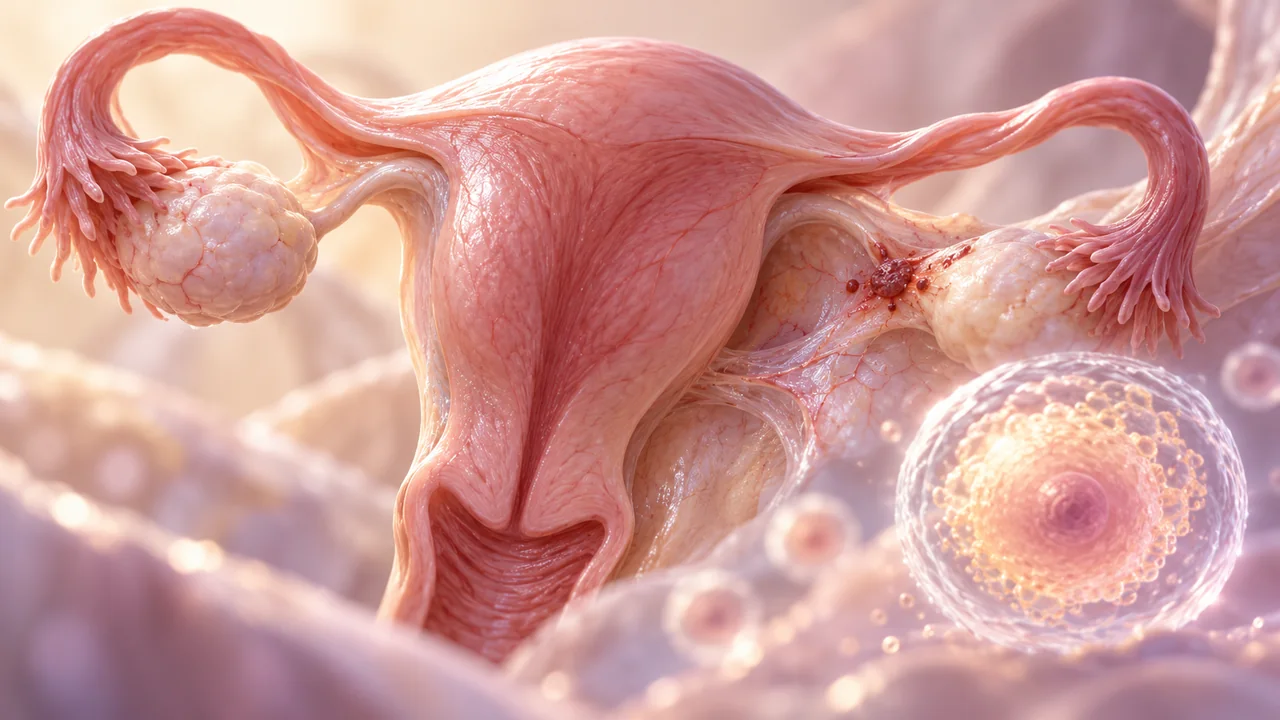 Modelo ilustrativo de útero, ovários e óvulo para explicar como a endometriose causa infertilidade.