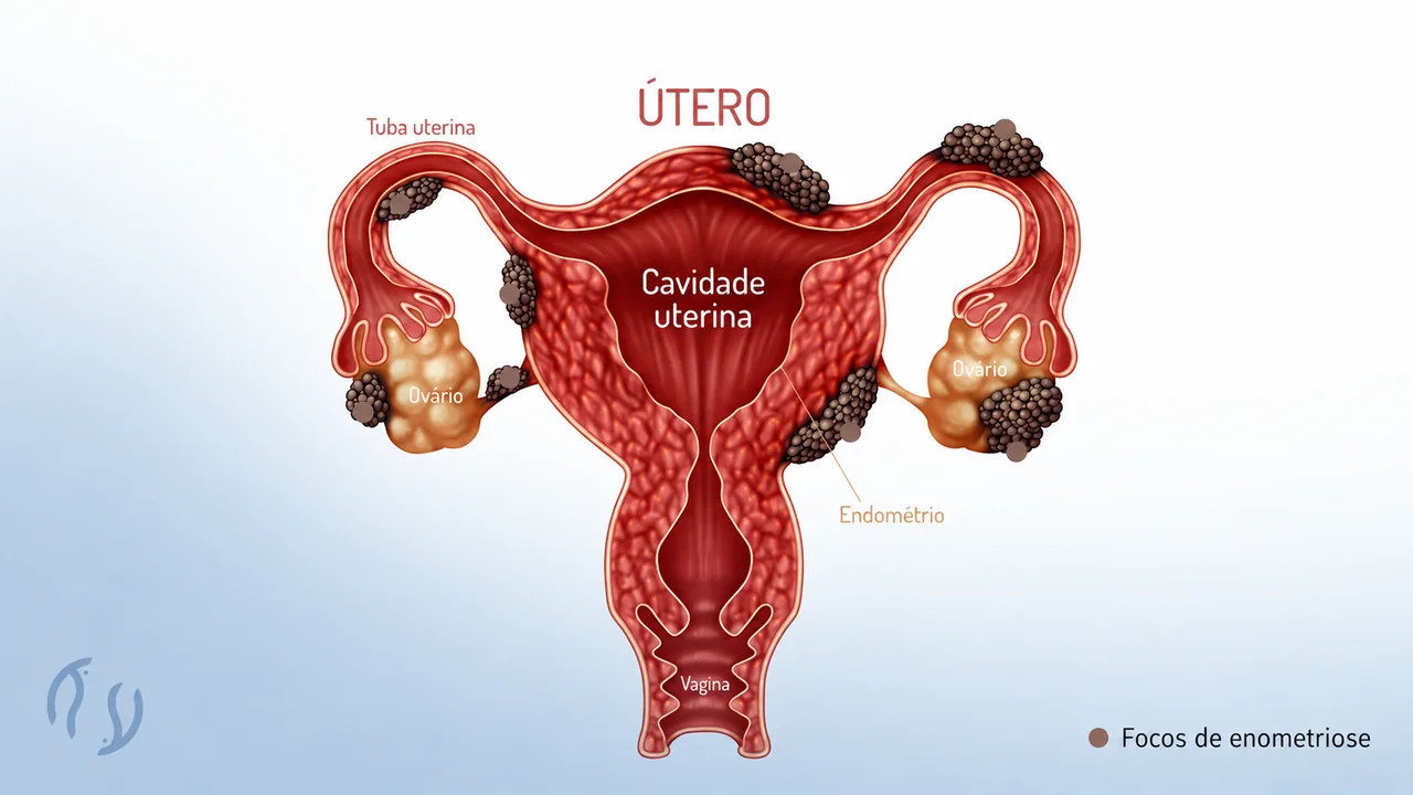 Diagrama de útero, trompas e ovários com focos da doença, ilustrando como a endometriose causa infertilidade.