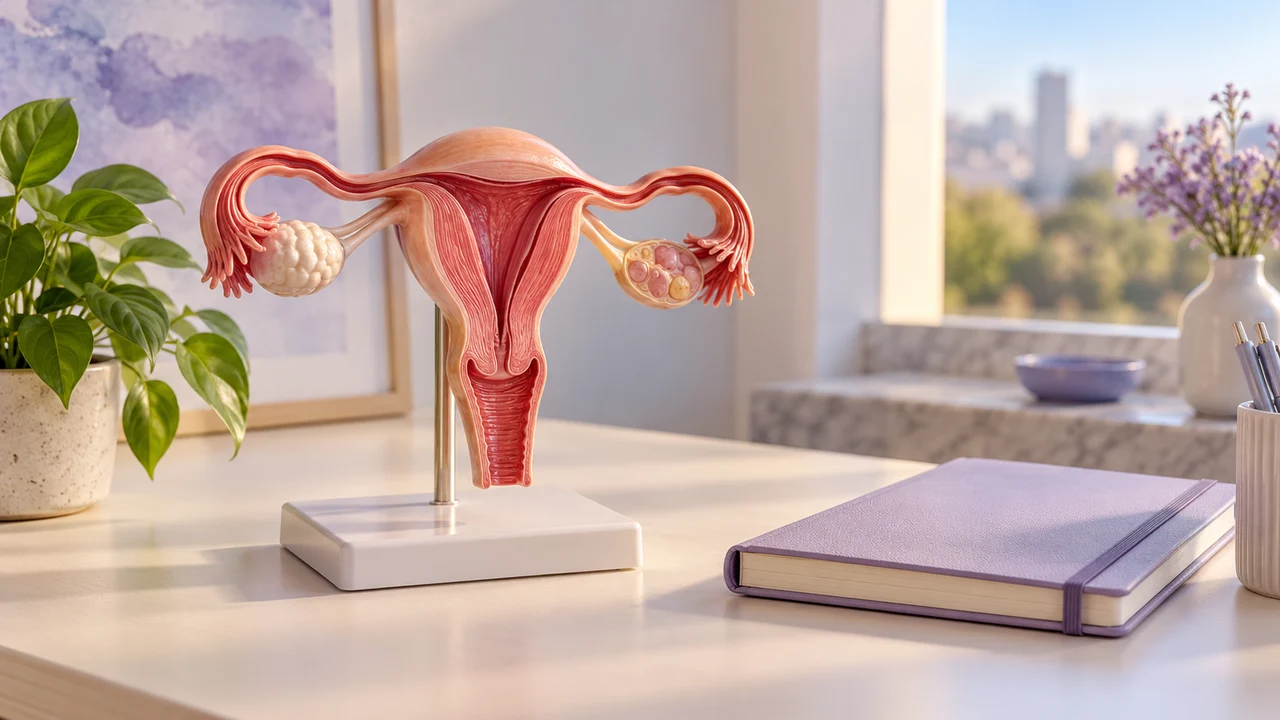 Modelo anatômico do útero ao lado de um caderno, em imagem ilustrativa do tema Endometriose tem cura.